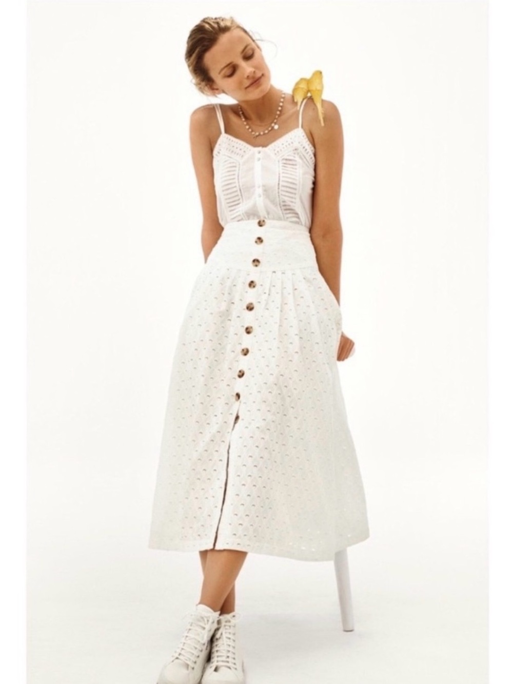 Anthropologie Maeve Vanderbilt White Eyelet Button-Front Midi Skirt